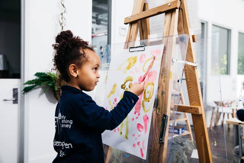 Child paints with brush on easel demonstrating fine and gross motor skills.